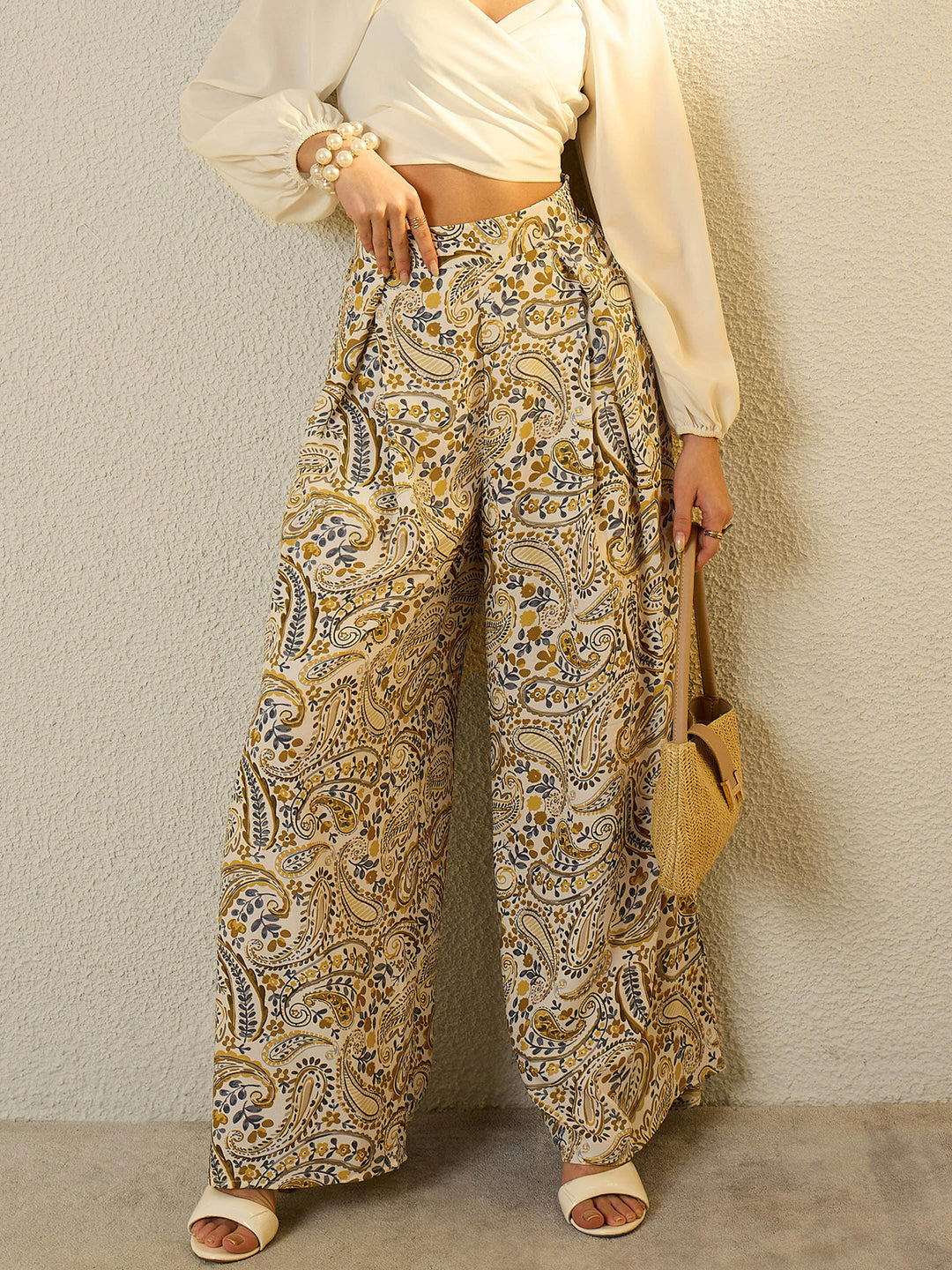 Women Mustard Paisley Flared Trousers