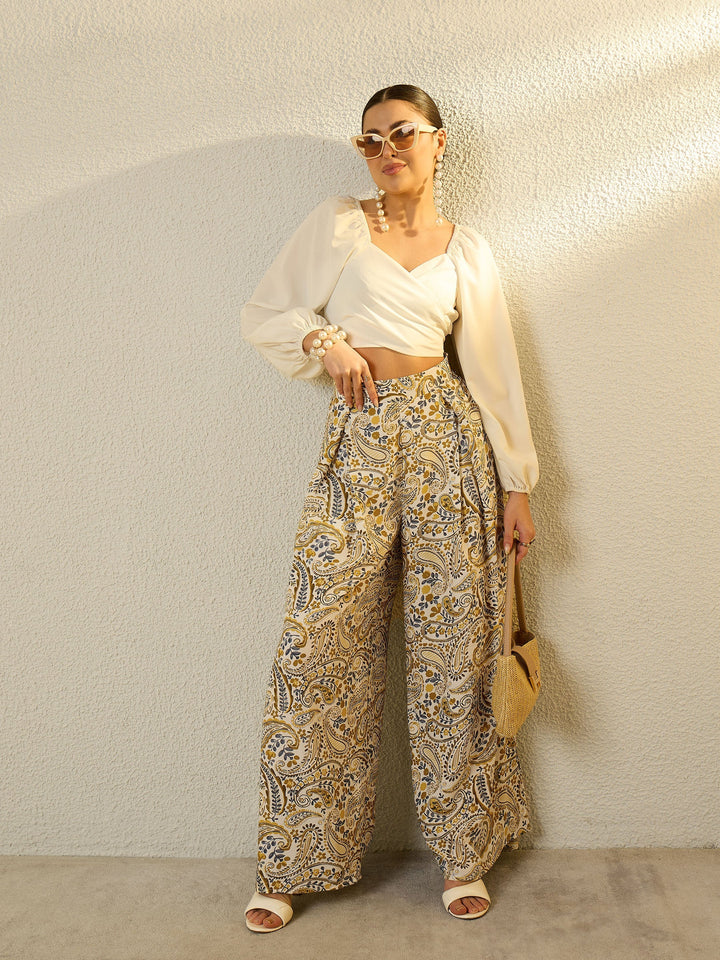Women Mustard Paisley Flared Trousers