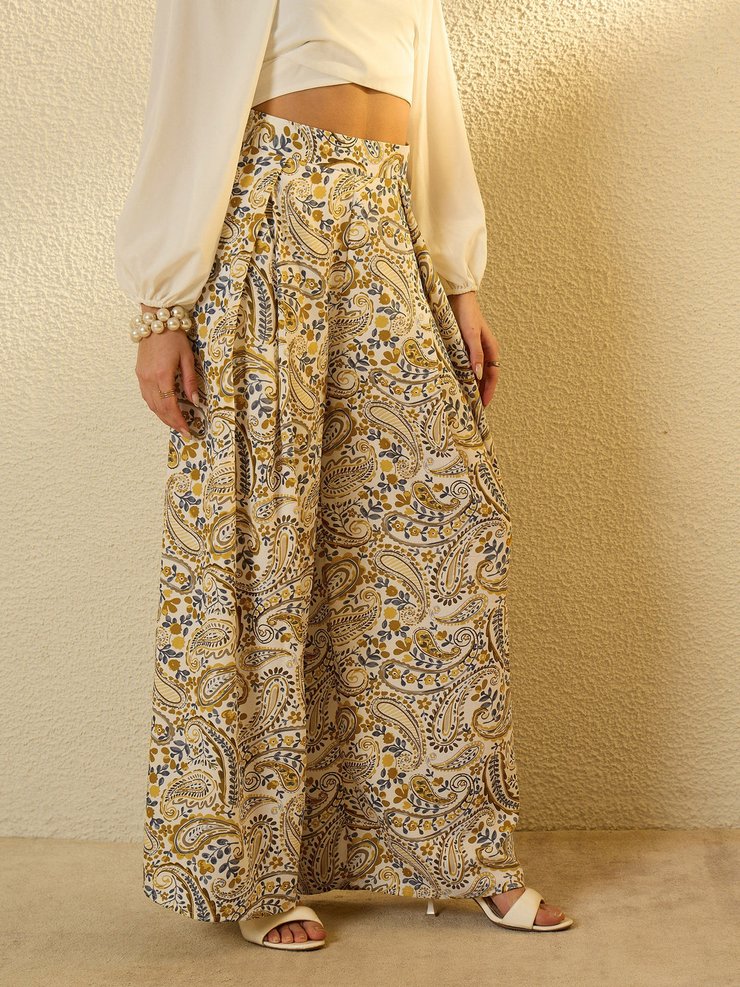 Women Mustard Paisley Flared Trousers