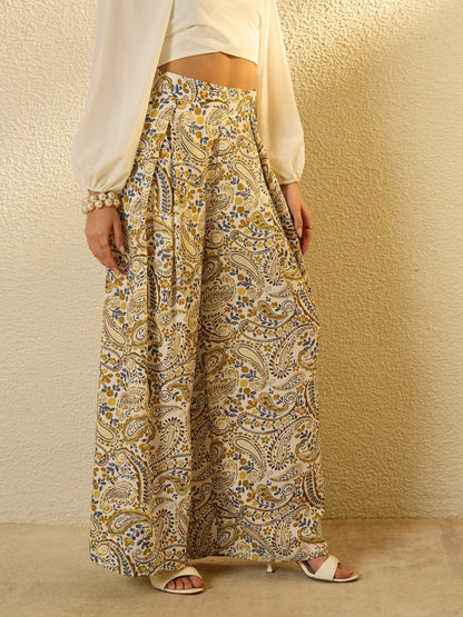 Women Mustard Paisley Flared Trousers