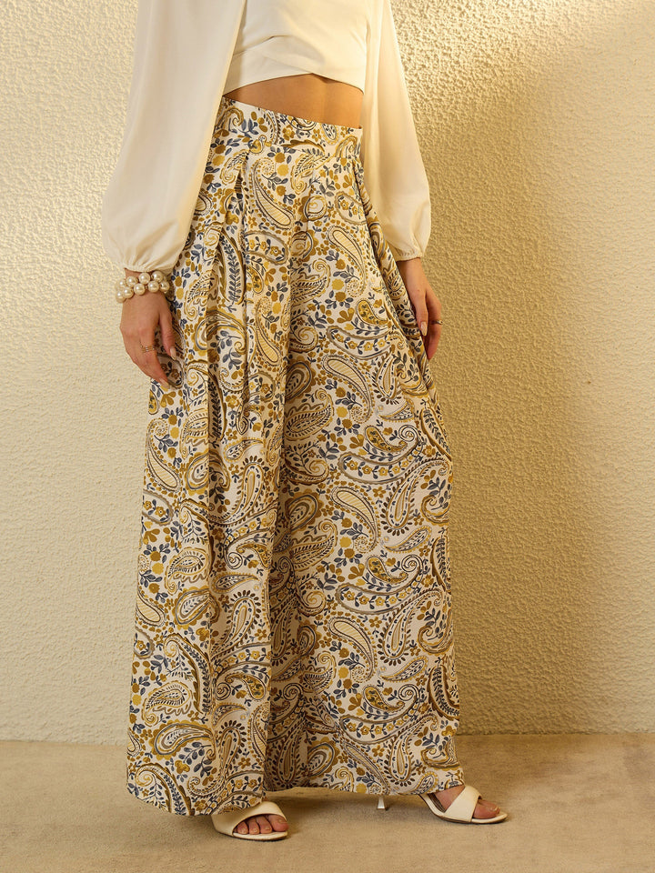 Women Mustard Paisley Flared Trousers