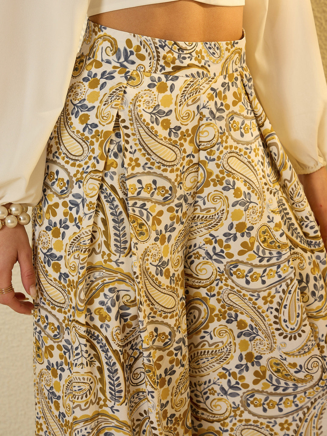 Women Mustard Paisley Flared Trousers