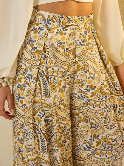 Women Mustard Paisley Flared Trousers