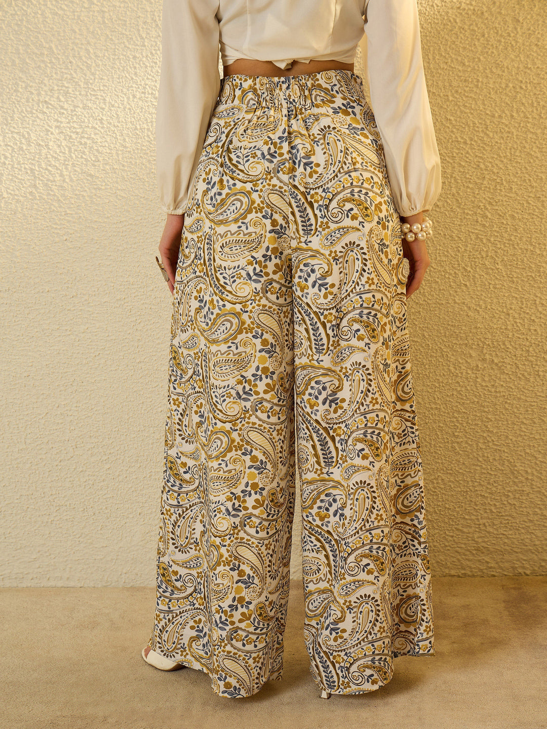 Women Mustard Paisley Flared Trousers