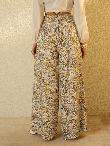 Women Mustard Paisley Flared Trousers