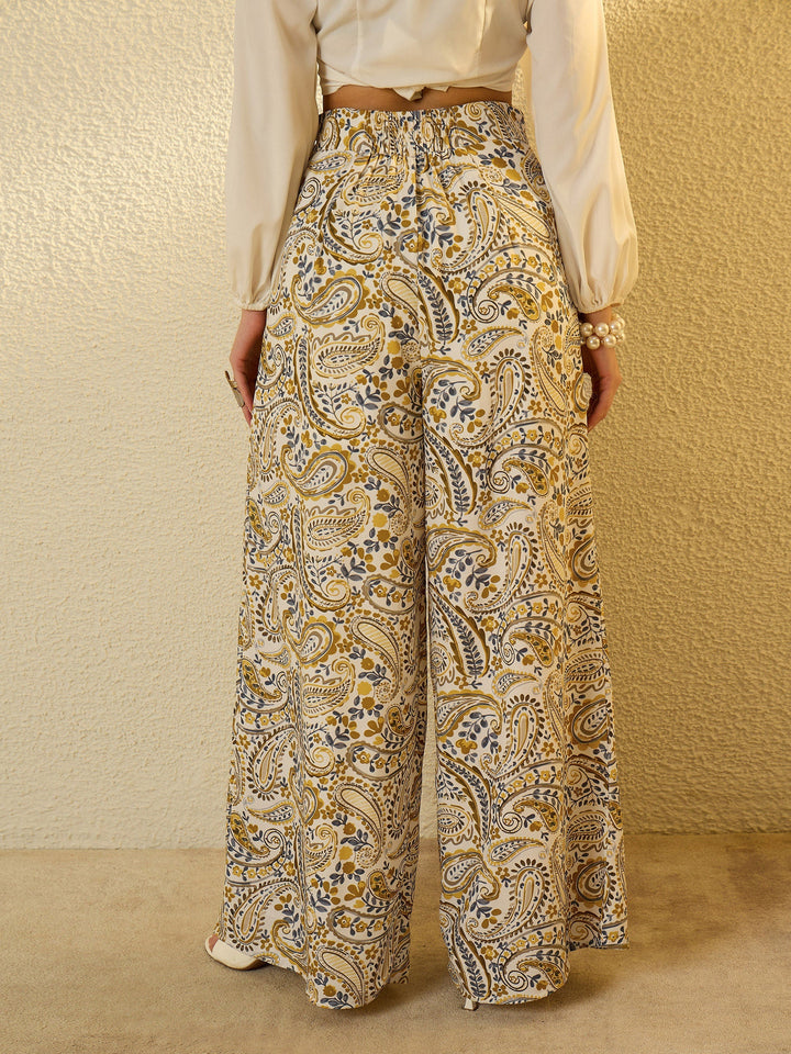 Women Mustard Paisley Flared Trousers