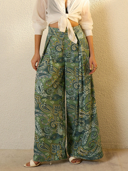 Women Green Paisley Ruffle Flared Trousers