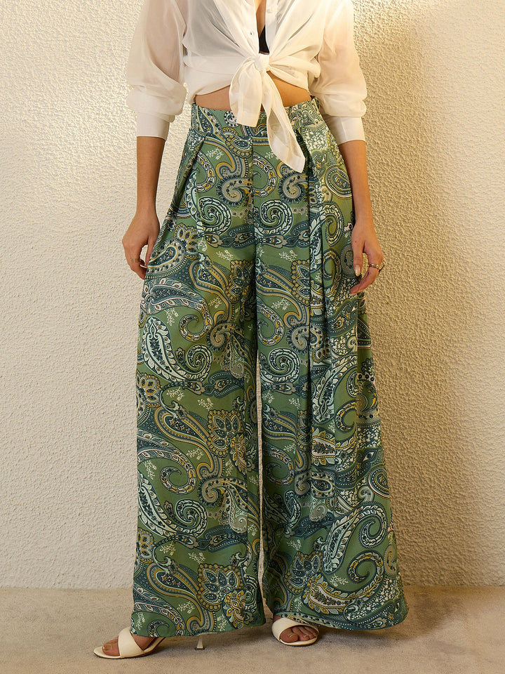 Women Green Paisley Ruffle Flared Trousers