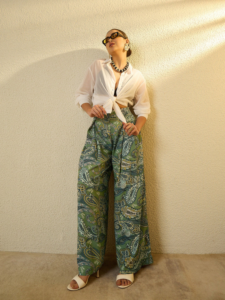 Women Green Paisley Ruffle Flared Trousers