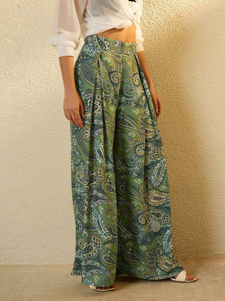 Women Green Paisley Ruffle Flared Trousers