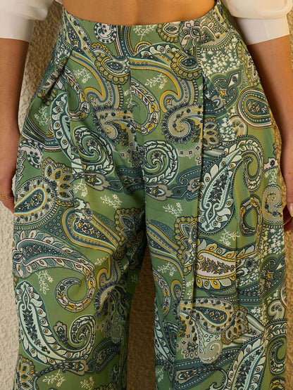 Women Green Paisley Ruffle Flared Trousers