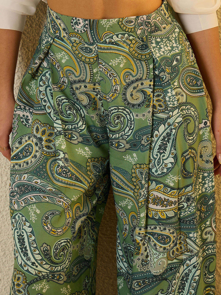 Women Green Paisley Ruffle Flared Trousers