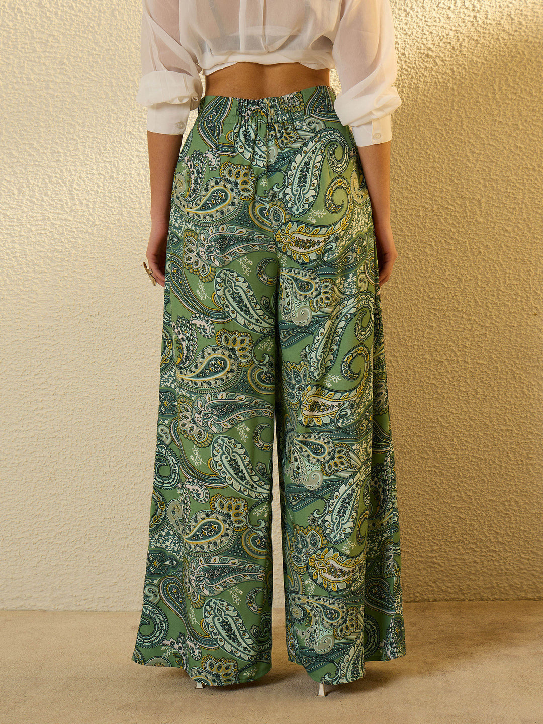 Women Green Paisley Ruffle Flared Trousers