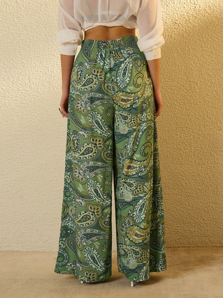 Women Green Paisley Ruffle Flared Trousers