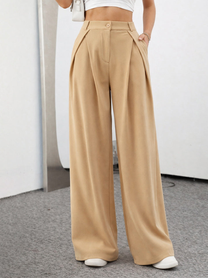 Women Beige Knife Pleat Wide Leg Korean Pants