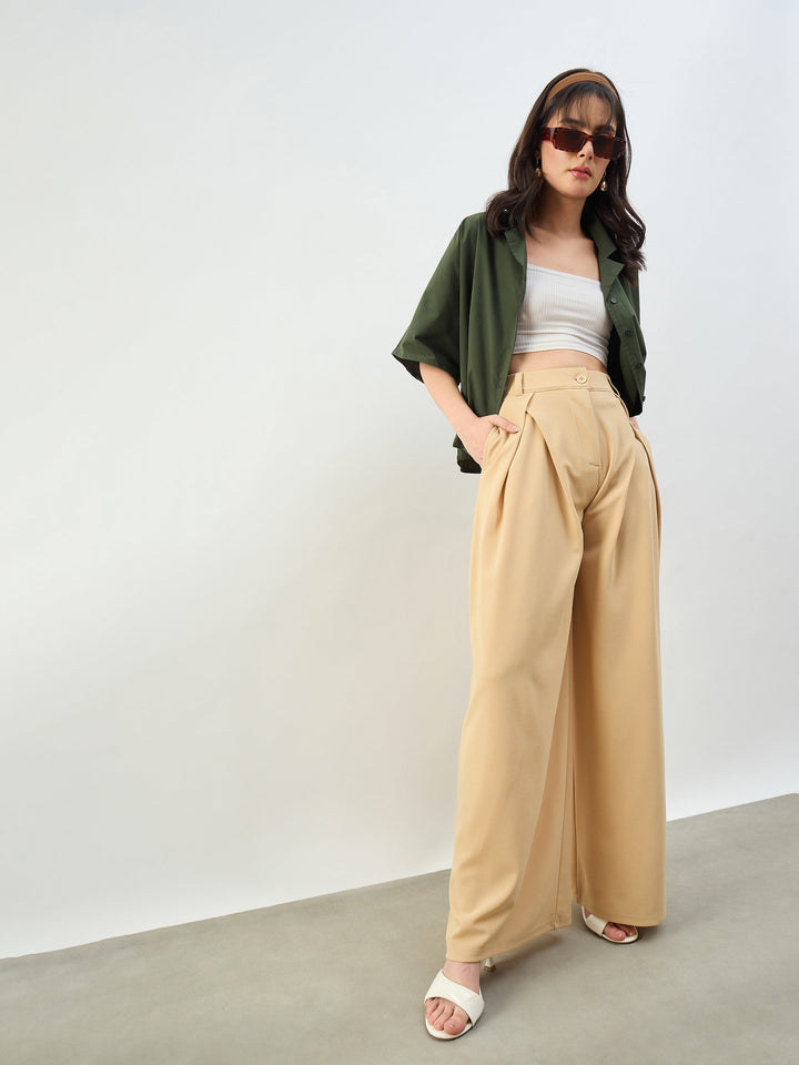 Women Beige Knife Pleat Wide Leg Korean Pants