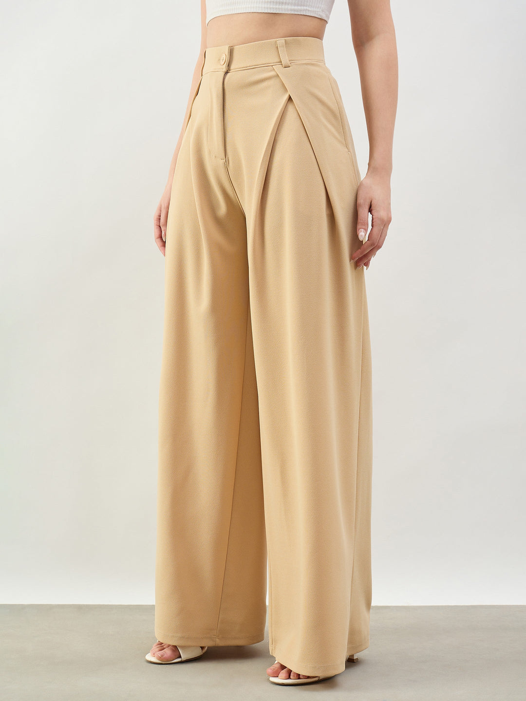 Women Beige Knife Pleat Wide Leg Korean Pants