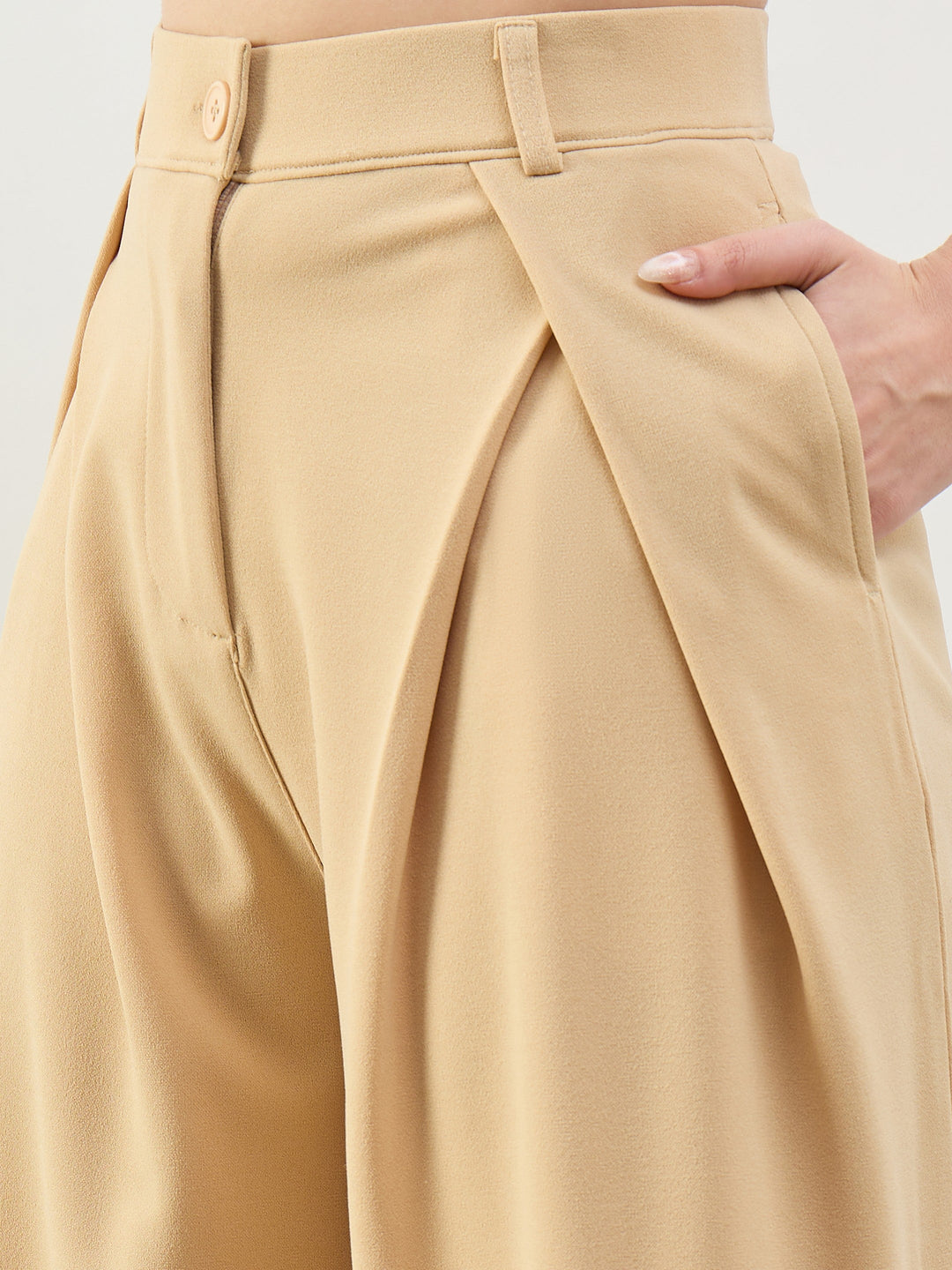 Women Beige Knife Pleat Wide Leg Korean Pants