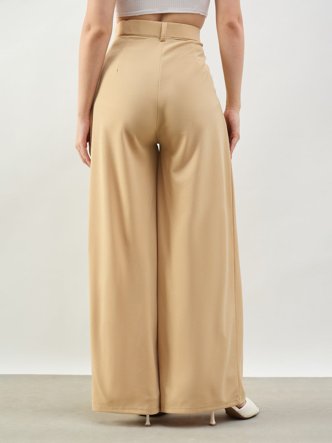 Women Beige Knife Pleat Wide Leg Korean Pants