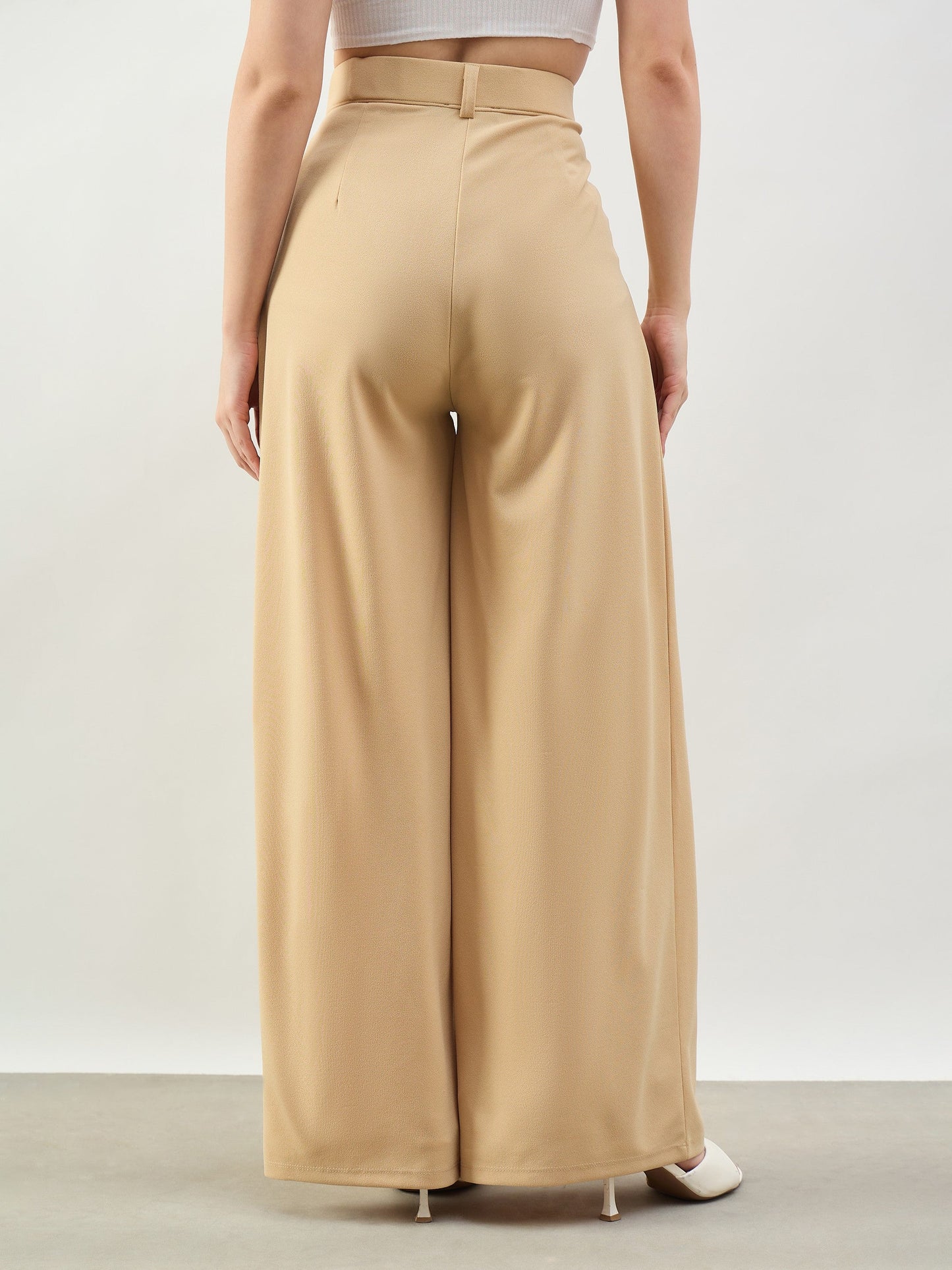 Women Beige Knife Pleat Wide Leg Korean Pants