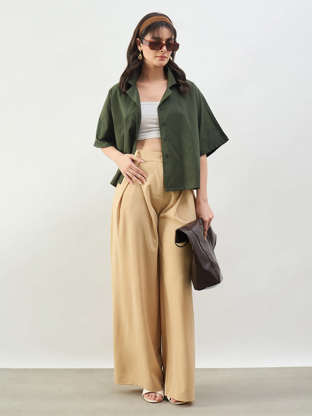 Women Beige Knife Pleat Wide Leg Korean Pants