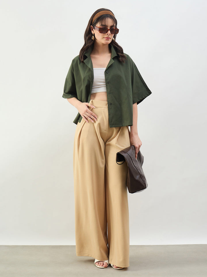 Women Beige Knife Pleat Wide Leg Korean Pants