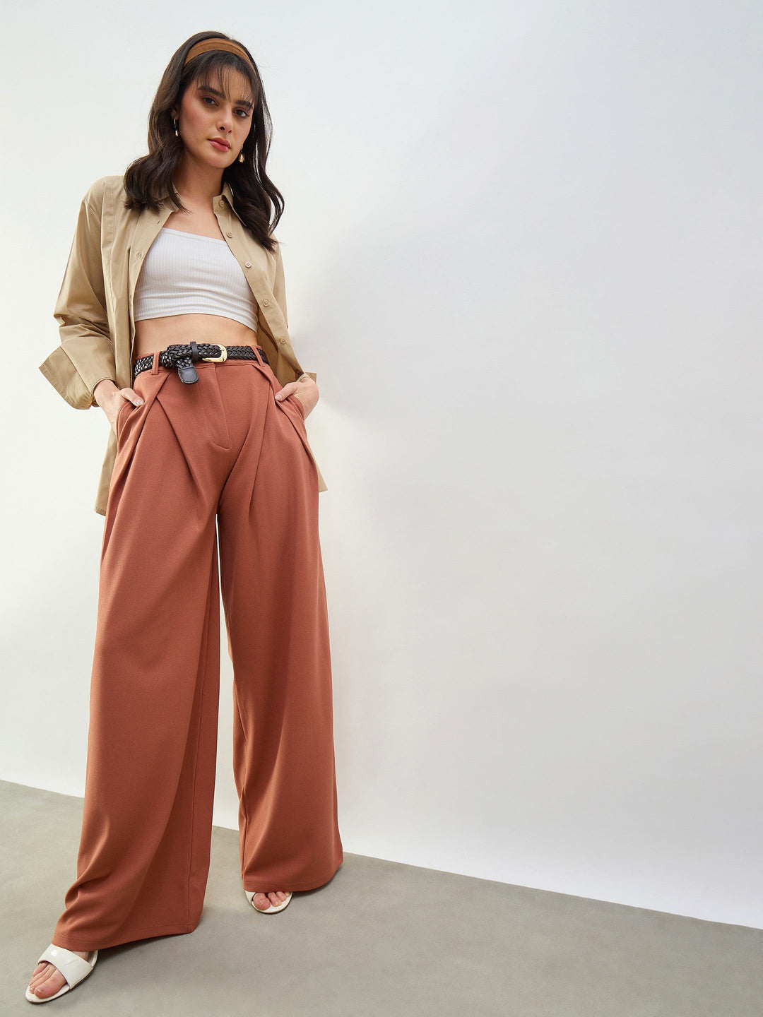 Women Rust Knife Pleat Wide Leg Korean Pants