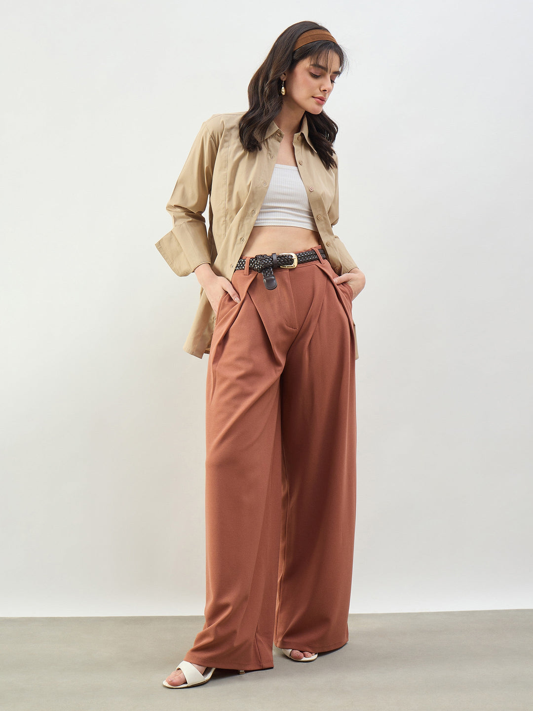 Women Rust Knife Pleat Wide Leg Korean Pants