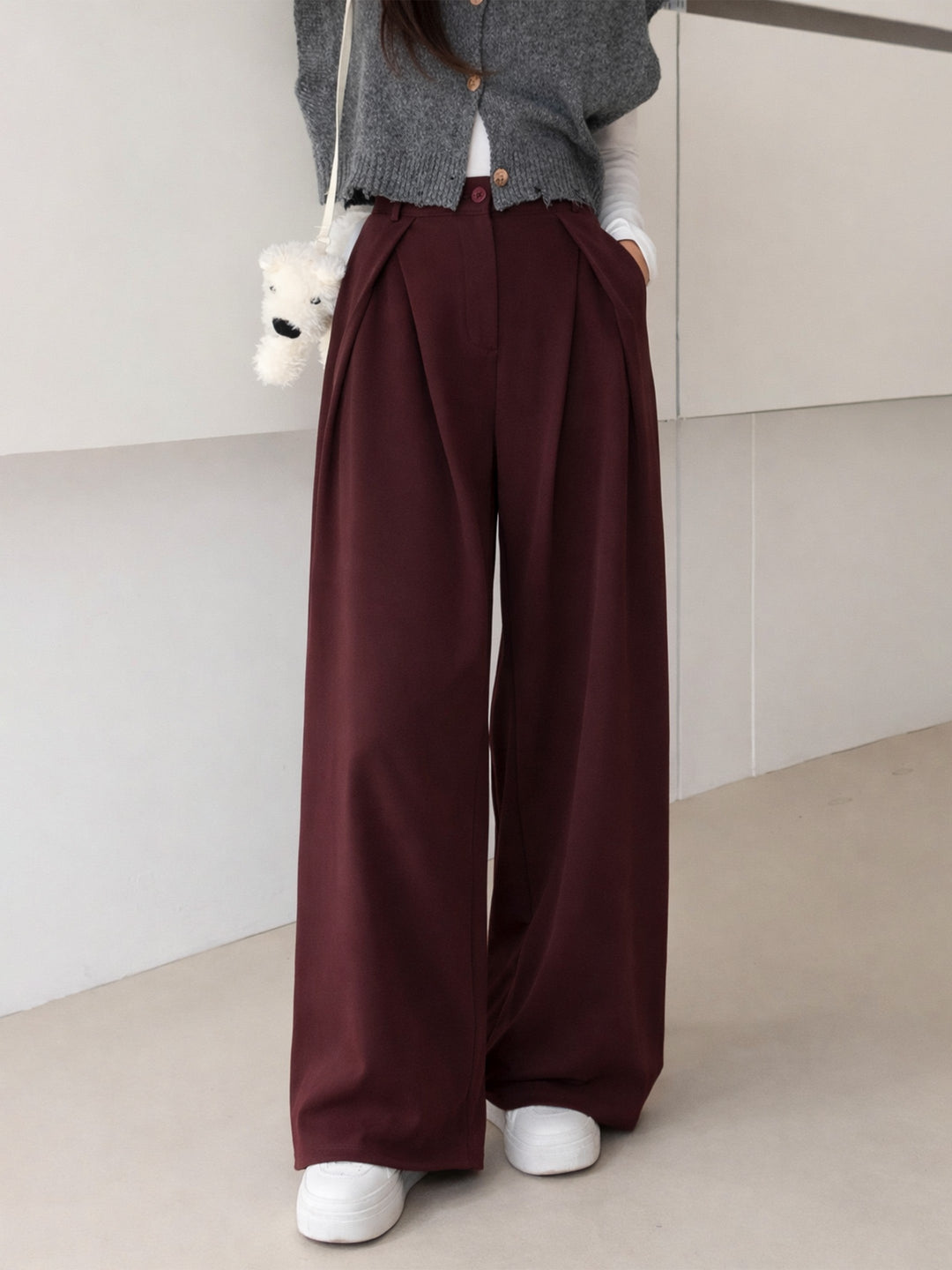 Women Maroon Knife Pleat Wide Leg Korean Pants