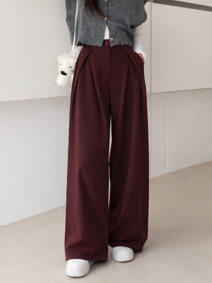 Women Maroon Knife Pleat Wide Leg Korean Pants