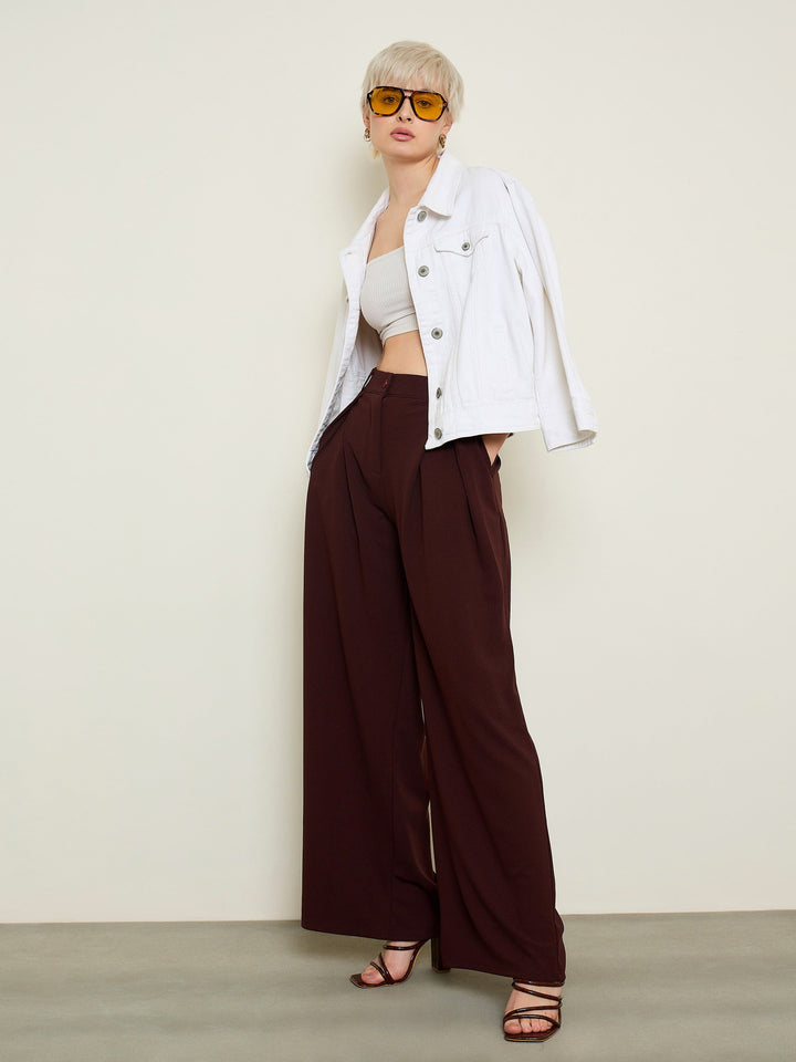 Women Maroon Knife Pleat Wide Leg Korean Pants