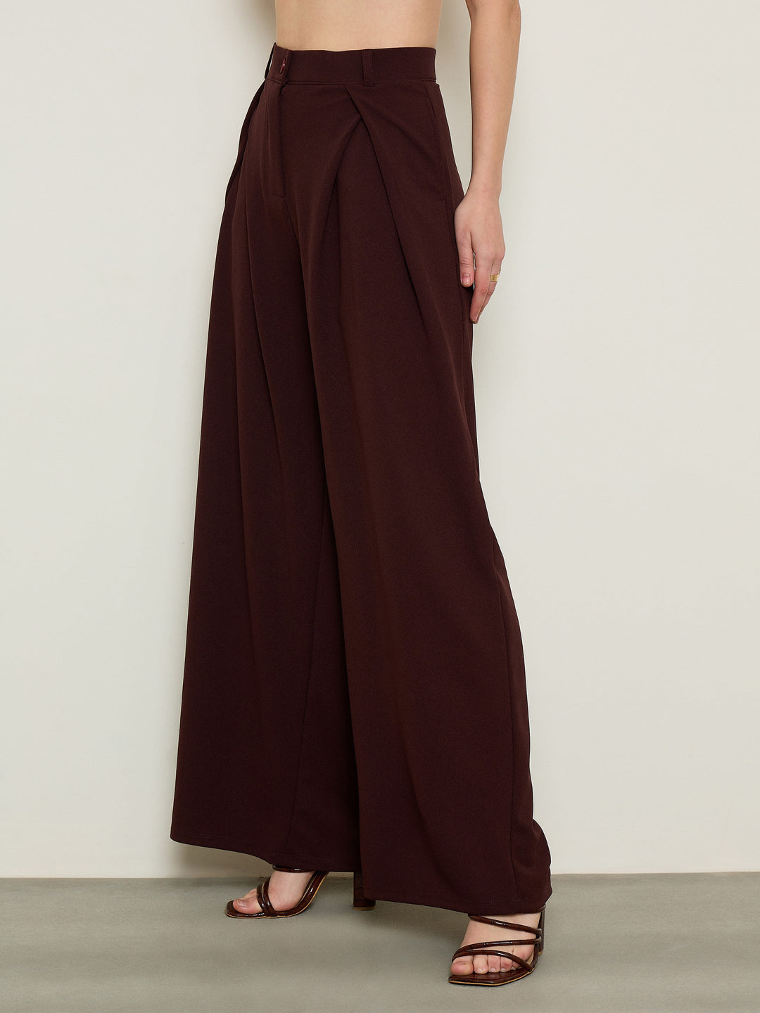 Women Maroon Knife Pleat Wide Leg Korean Pants