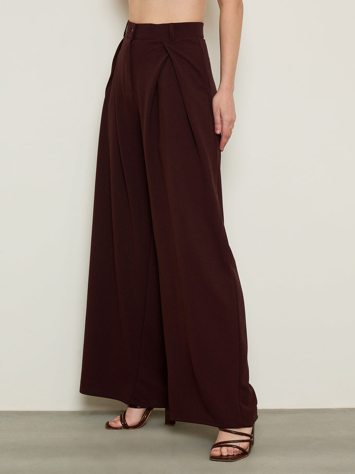 Women Maroon Knife Pleat Wide Leg Korean Pants