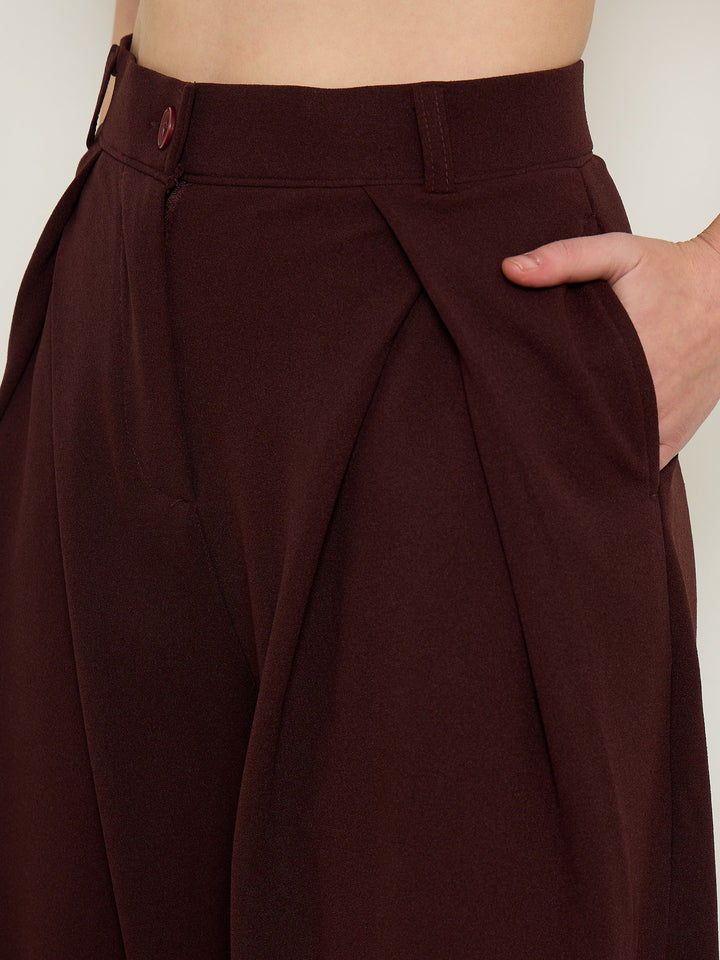 Women Maroon Knife Pleat Wide Leg Korean Pants