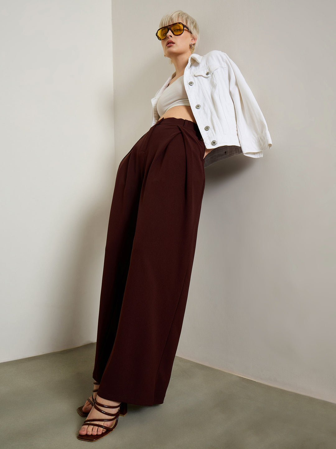 Women Maroon Knife Pleat Wide Leg Korean Pants