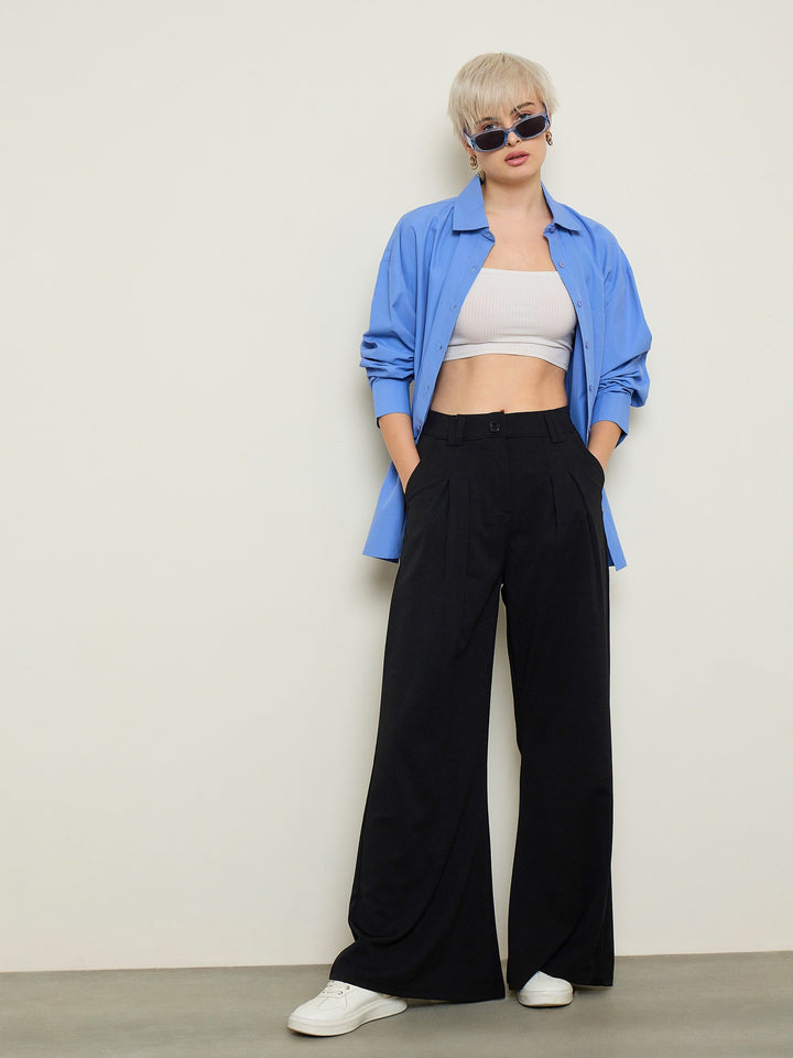 Women Black Pleated Double Loop Korean Pants