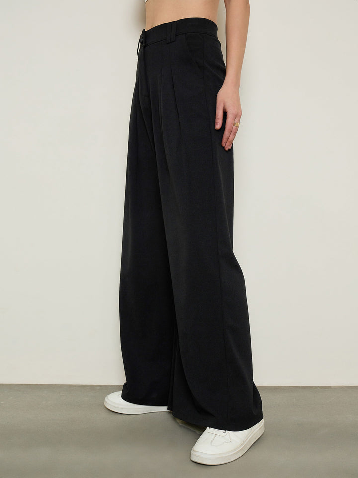 Women Black Pleated Double Loop Korean Pants