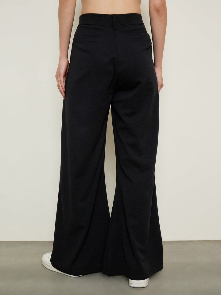 Women Black Pleated Double Loop Korean Pants