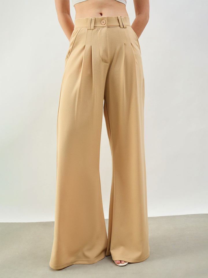 Women Beige Pleated Double Loop Korean Pants