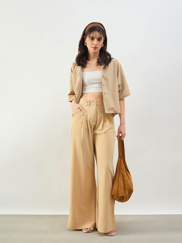 Women Beige Pleated Double Loop Korean Pants