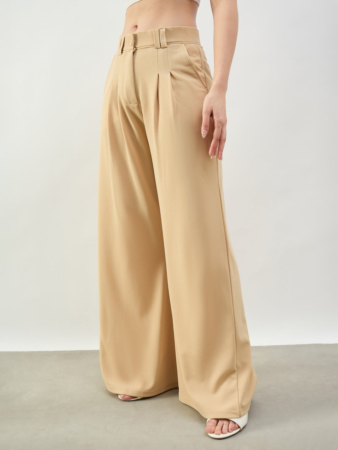 Women Beige Pleated Double Loop Korean Pants