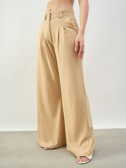 Women Beige Pleated Double Loop Korean Pants