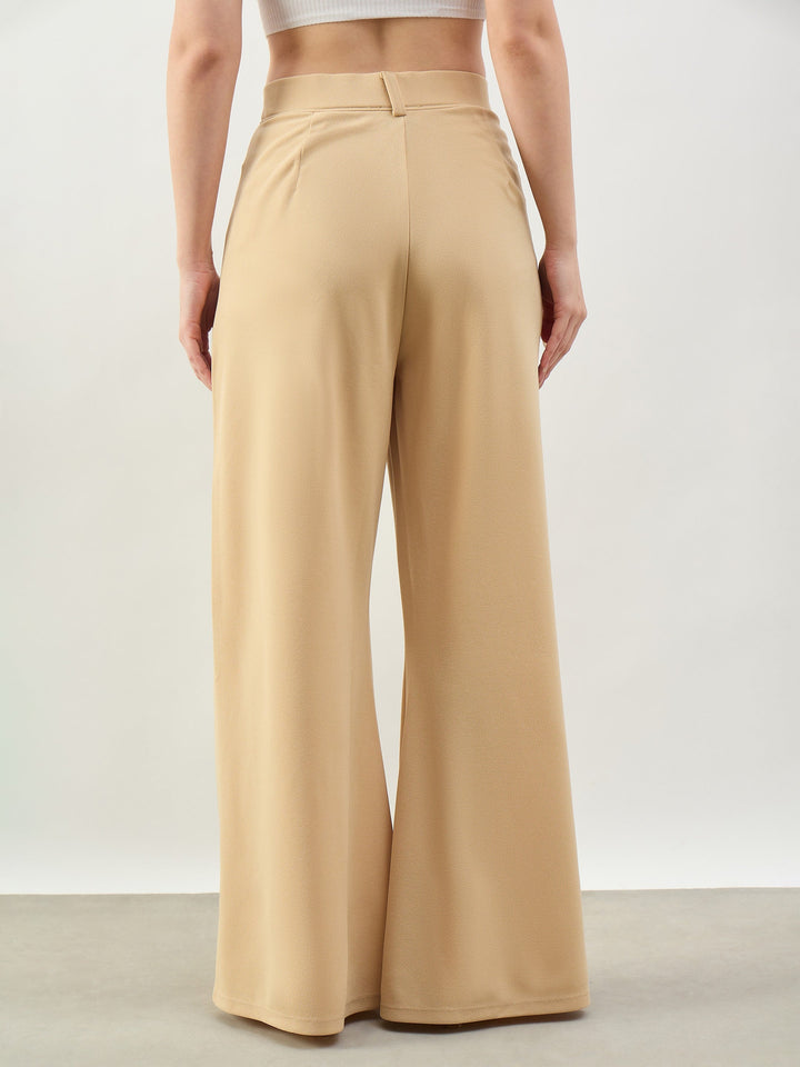 Women Beige Pleated Double Loop Korean Pants