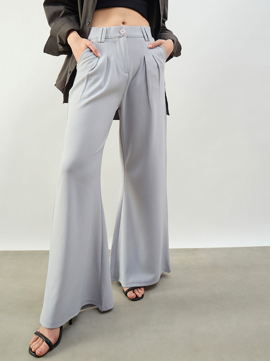 Women Grey Pleated Double Loop Korean Pants