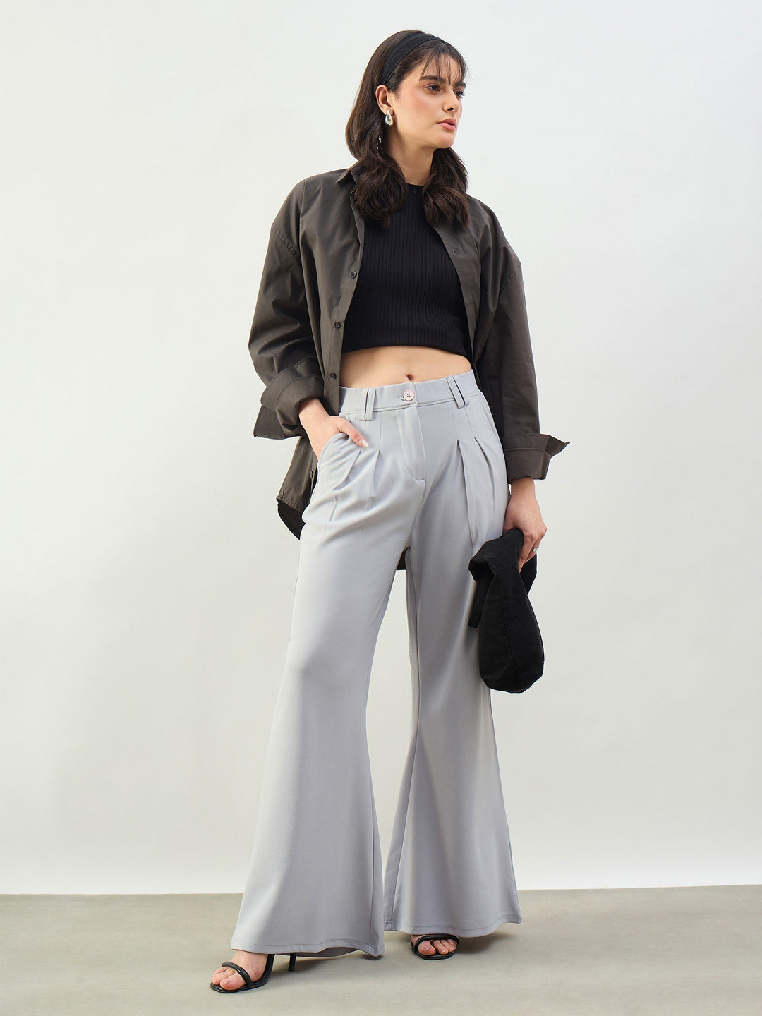 Women Grey Pleated Double Loop Korean Pants