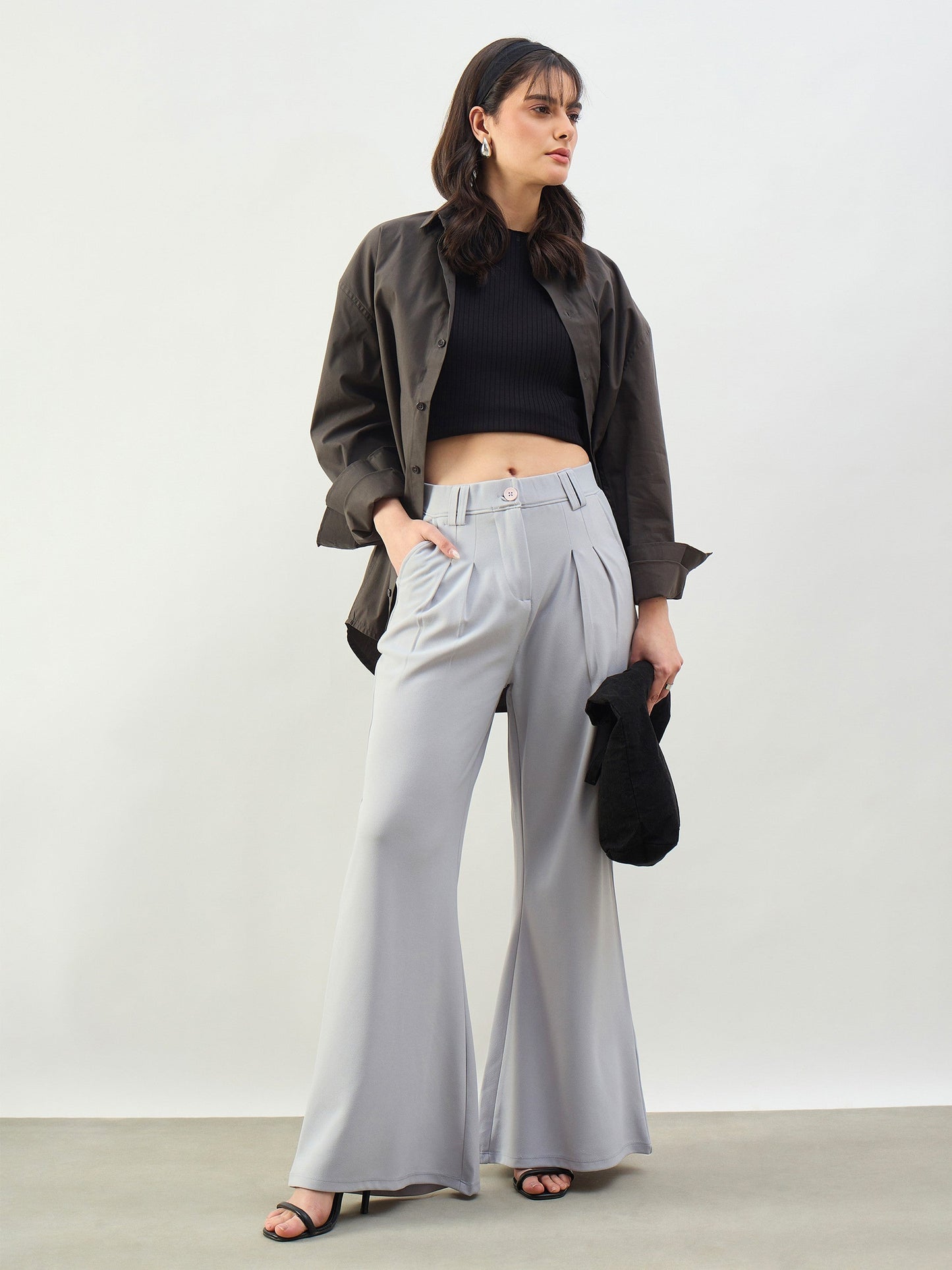 Women Grey Pleated Double Loop Korean Pants