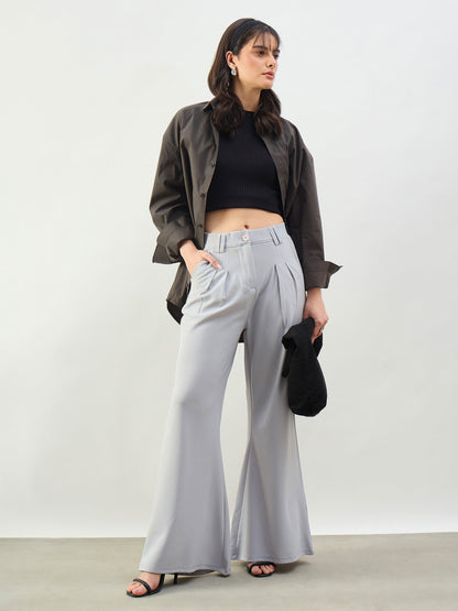 Women Grey Pleated Double Loop Korean Pants