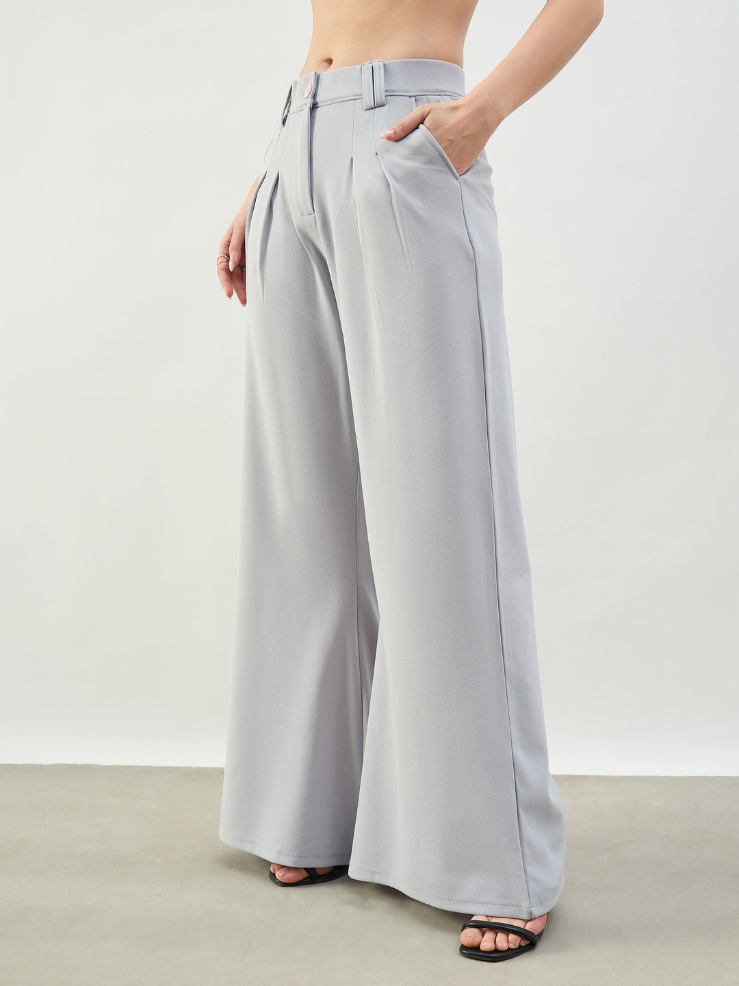 Women Grey Pleated Double Loop Korean Pants