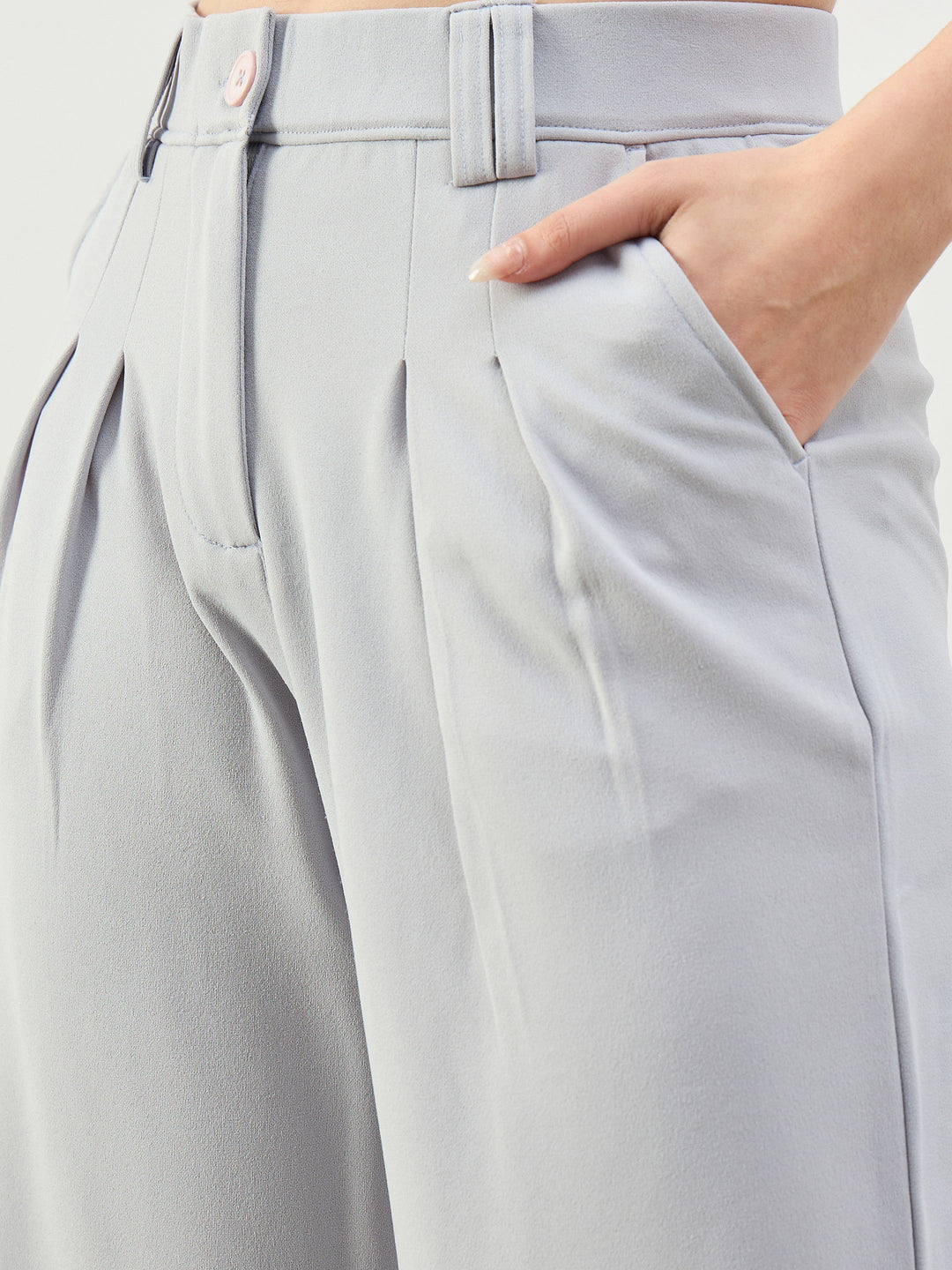 Women Grey Pleated Double Loop Korean Pants