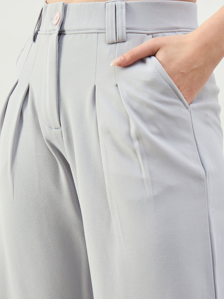Women Grey Pleated Double Loop Korean Pants